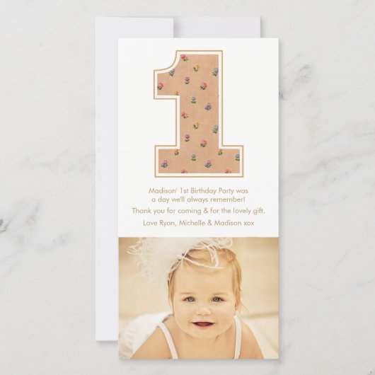 ヴィンテージベビーガール1st誕生日サンキューフォトカード サンキューカード (正面)