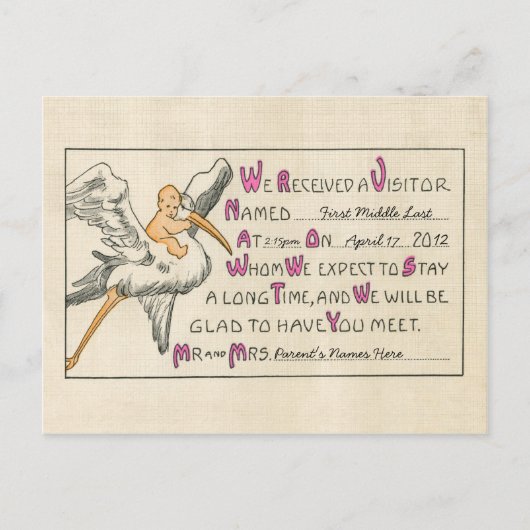 ヴィンテージベビーガール&コウノトリ 案内ポストカード (正面)