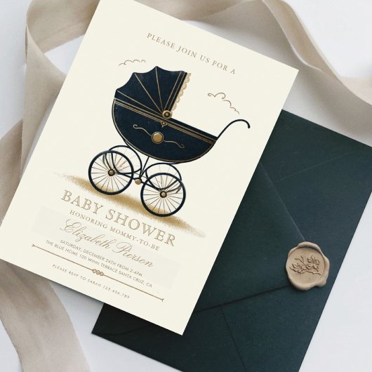 ヴィンテージベビーキャリエレガントッジネイビーベイビーシャワー 招待状