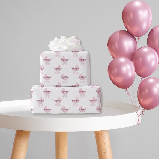 ヴィンテージベビーキャリッジかわいらしピンク花柄 ラッピングペーパー