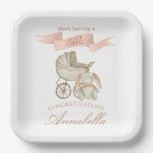 ヴィンテージベビーキャリッジとバニーベビーガール ペーパープレート (正面)