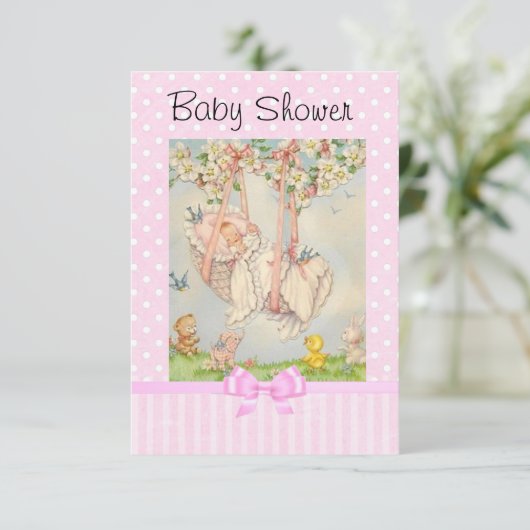 ヴィンテージベビーキャリッジピンクとホワイト招待状 招待状 (スタンド正面)