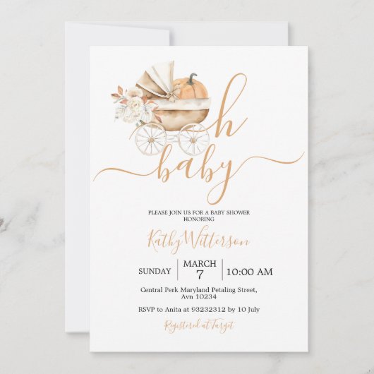 ヴィンテージベビーキャリッジフローラベビーシャワー 招待状 (正面)