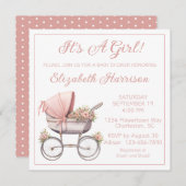 ヴィンテージベビーキャリッジベビーガールシャワー招待状 招待状 (正面/裏面)