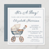 ヴィンテージベビーキャリッジ男の赤ちゃんシャワー招待状 招待状 (正面/裏面)