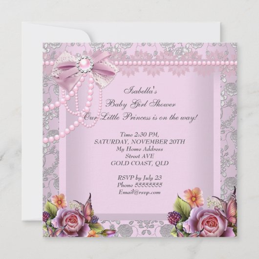 ヴィンテージベビーシャワーエスニックガールピンクパールバラ 招待状 (裏面)