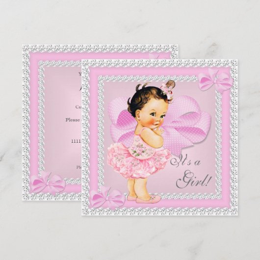 ヴィンテージベビーシャワーガールかわいらしピンクツゥブルネット 招待状 (正面/裏面)