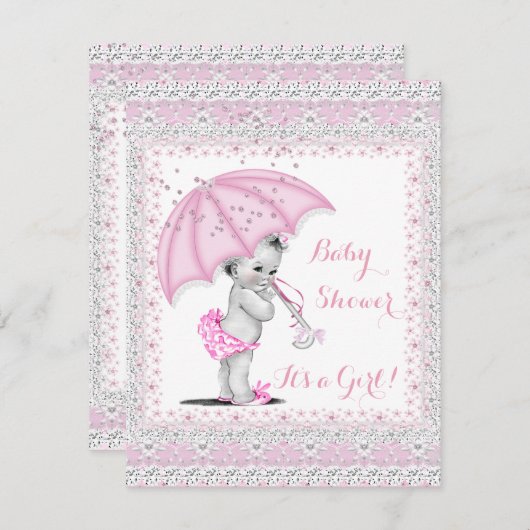 ヴィンテージベビーシャワーガールピンクまき傘 招待状 (正面/裏面)