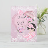 ヴィンテージベビーシャワーガールピンクパラソルバラ 招待状 (スタンド正面)