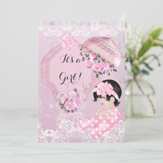 ヴィンテージベビーシャワーガールピンクパラソルバラ 招待状 (スタンド正面)