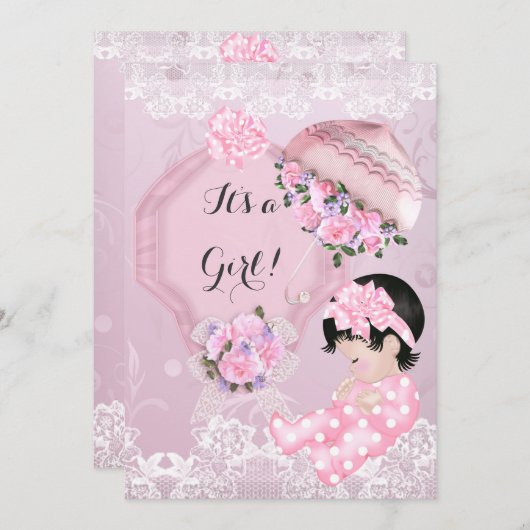 ヴィンテージベビーシャワーガールピンクパラソルバラ 招待状 (正面/裏面)