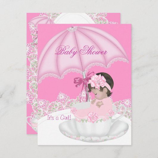 ヴィンテージベビーシャワーガールピンクベビーインTeacup 招待状 (正面/裏面)