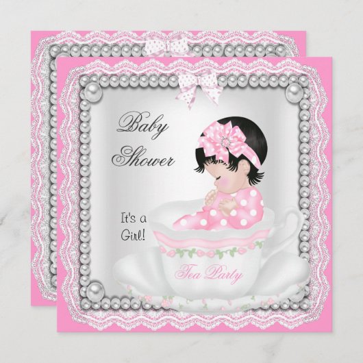 ヴィンテージベビーシャワーガールピンクベビーティーカップレース 招待状 (正面/裏面)