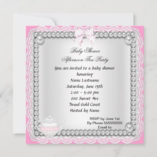 ヴィンテージベビーシャワーガールピンクベビーティーカップレース 招待状 (裏面)