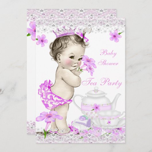 ヴィンテージベビーシャワーガールプリンセスティーパーティー 招待状 (正面/裏面)