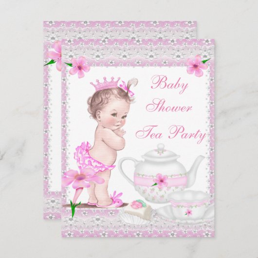 ヴィンテージベビーシャワーガールプリンセスピンクティーパーティー 招待状 (正面/裏面)