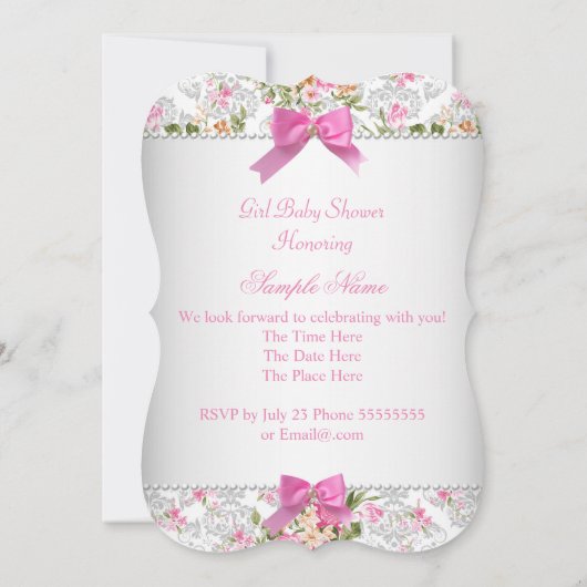 ヴィンテージベビーシャワーガールホワイトピンクローズ 招待状 (裏面)