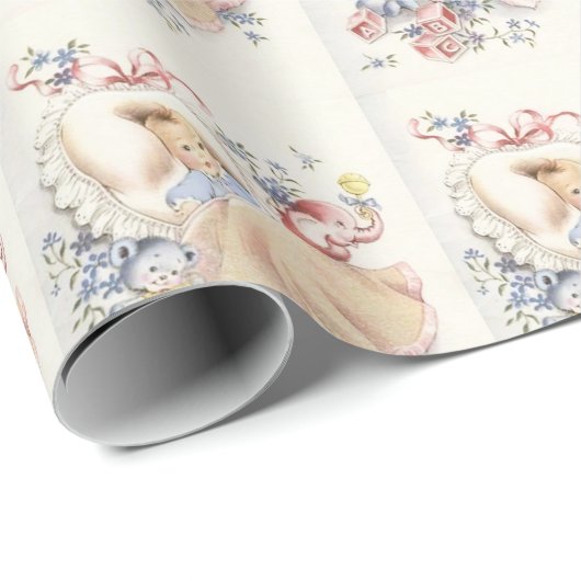 ヴィンテージベビーシャワーピンクエレファントブルーベア ラッピングペーパー (ロールコーナー)