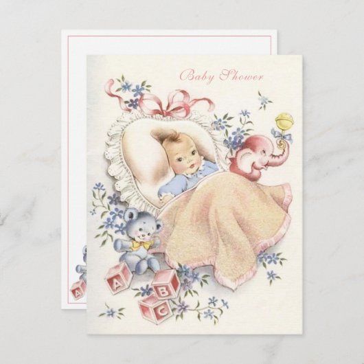 ヴィンテージベビーシャワーピンクエレファントブルーベア 招待状 (正面/裏面)