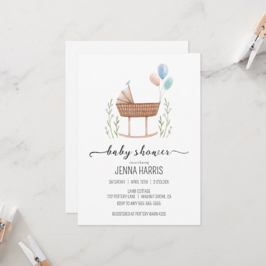 ヴィンテージベビーシャワーボーイジェンダーニュートラル招待状 招待状 (正面/裏面インサイチュ)