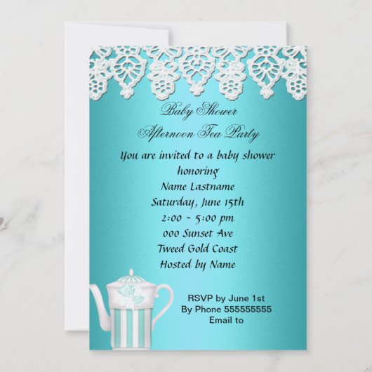 ヴィンテージベビーシャワーボーイティール(緑がかった色)ベビーティーカップレース 招待状 (裏面)