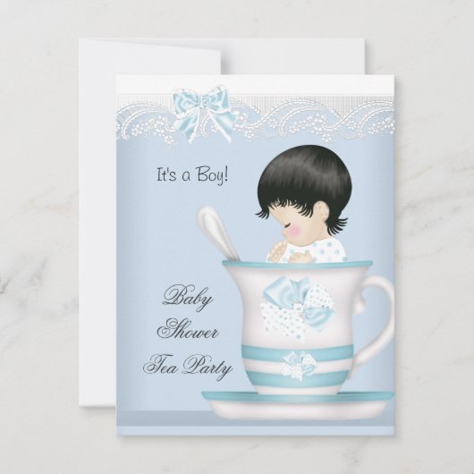 ヴィンテージベビーシャワーボーイブルーベビーインTeacup 招待状 (正面)