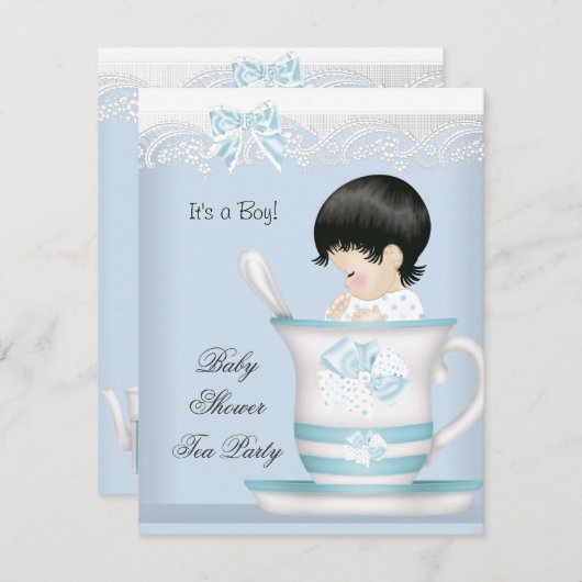 ヴィンテージベビーシャワーボーイブルーベビーインTeacup 招待状 (正面/裏面)