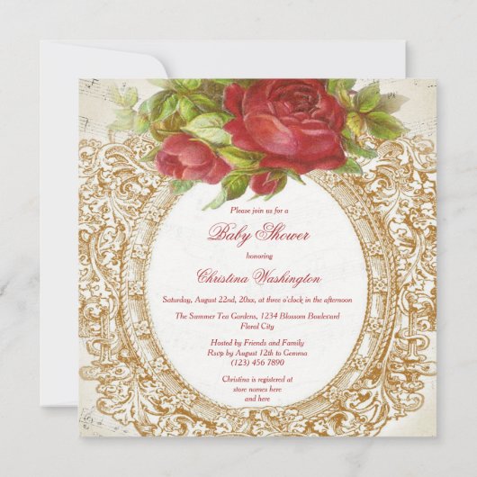 ヴィンテージベビーシャワーレッドローズフレームミュージックシート 招待状 (裏面)