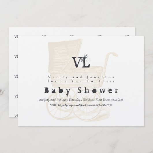 ヴィンテージベビーシャワー招待状クラフトプラム金ゴールド 招待状 (正面/裏面)