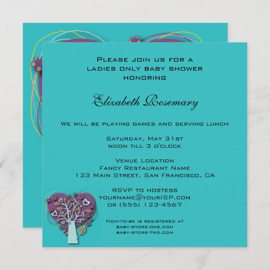 ヴィンテージベビーシャワー、アクアラブハートツリー 招待状 (正面/裏面)