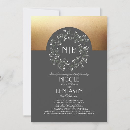 ヴィンテージベビーズブレスリース金ゴールド婚約パーティ 招待状 (正面)