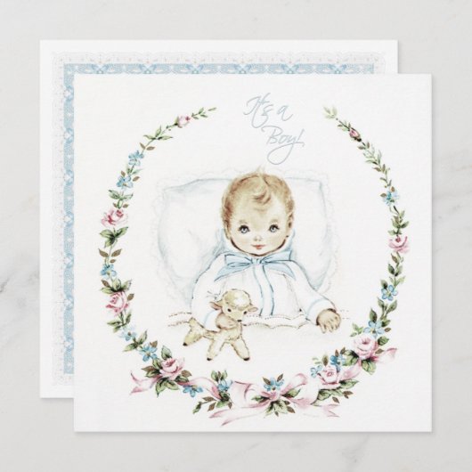 ヴィンテージベビーブルー男の赤ちゃんシャワー招待状 招待状 (正面/裏面)