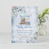 ヴィンテージベビーベビーカーとテディベアと花 招待状 (スタンド正面)