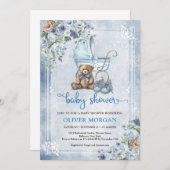 ヴィンテージベビーベビーカーとテディベアと花 招待状 (正面/裏面)