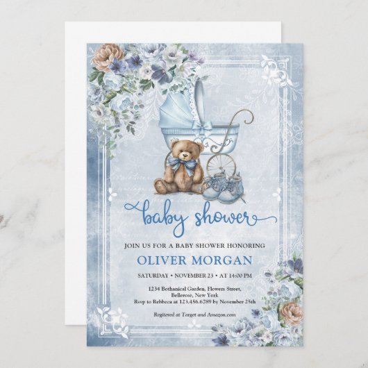 ヴィンテージベビーベビーカーとテディベアと花 招待状 (正面/裏面)