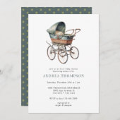 ヴィンテージベビーベビーカー |赤クラシックちゃんシャワー 招待状 (正面/裏面)