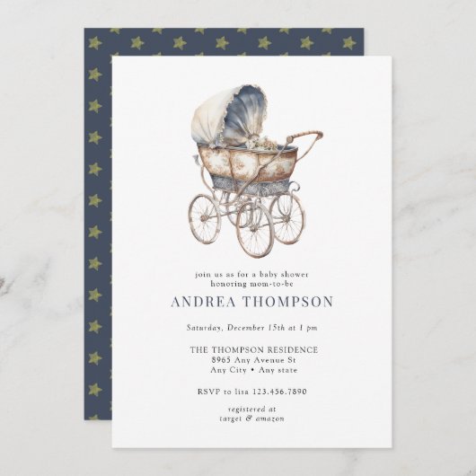 ヴィンテージベビーベビーカー |赤クラシックちゃんシャワーInvita 招待状 (正面/裏面)