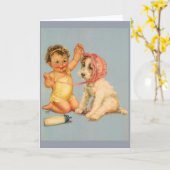 ヴィンテージベビー及びボンネットノートカード付き犬 カード (黄色い花)