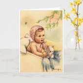 ヴィンテージベビー及び子猫グリーティングカード カード (黄色い花)