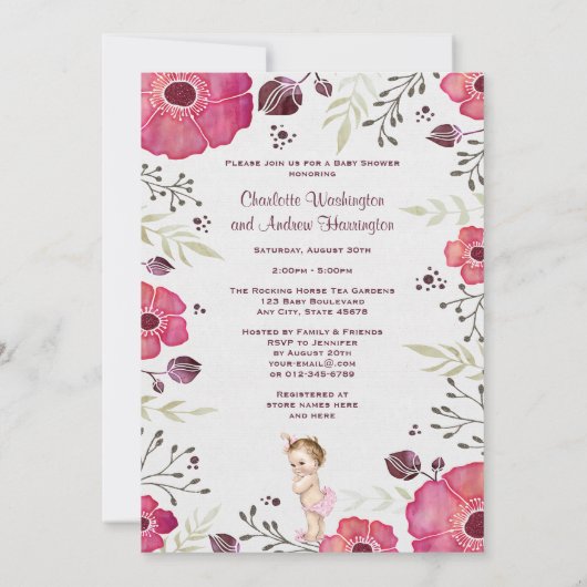 ヴィンテージベビー水の色ポピー赤ちゃんシャワー 招待状 (裏面)