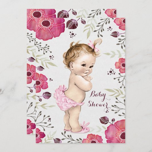 ヴィンテージベビー水の色ポピー赤ちゃんシャワー 招待状 (正面/裏面)