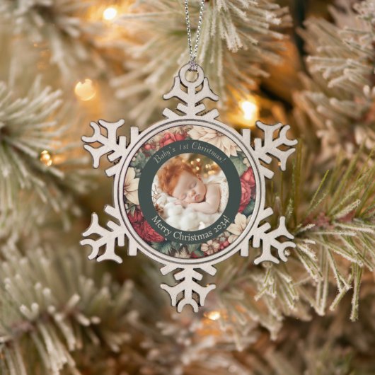 ヴィンテージベビー第1回クリスマス記念写真 スノーフレークピューターオーナメント (ツリー)