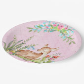ヴィンテージベビー鹿が草のピンクのベビーに座る ペーパープレート (アングル)