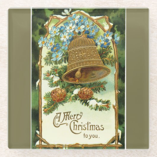 ヴィンテージベルとピネコーンクリスマス ガラスコースター (正面)