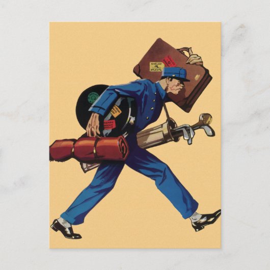 ヴィンテージベルホップインユニフォーム、スーツケース、ゴルフクラブ ポストカード (正面)