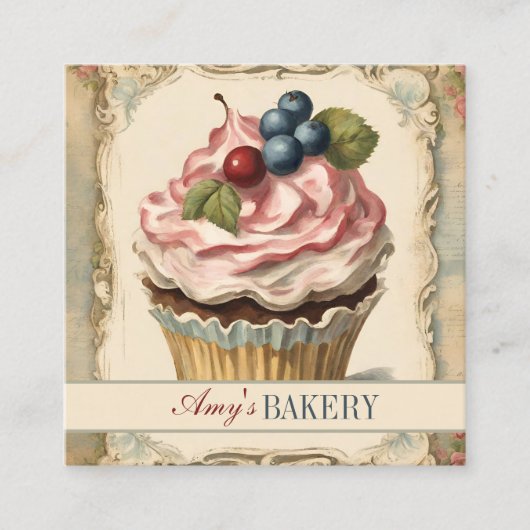 ヴィンテージベーカー菓子シェフケーキベーカリーカップケーキ スクエア名刺 (正面)