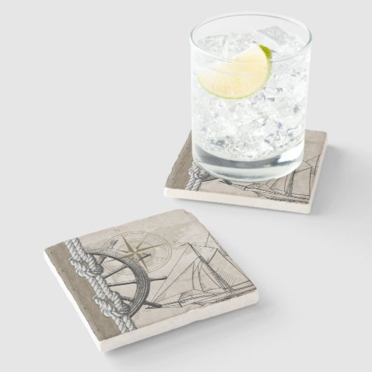ヴィンテージベージュとブラウン航海のグラフィック ストーンコースター (横)