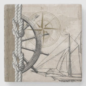 ヴィンテージベージュとブラウン航海のグラフィック ストーンコースター (正面)