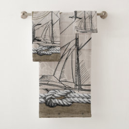 ヴィンテージベージュとブラウン航海のグラフィック バスタオルセット