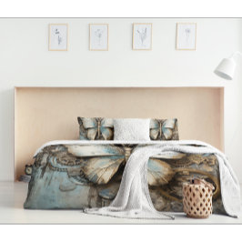 ヴィンテージベージュとブルーバタフライ 枕カバー